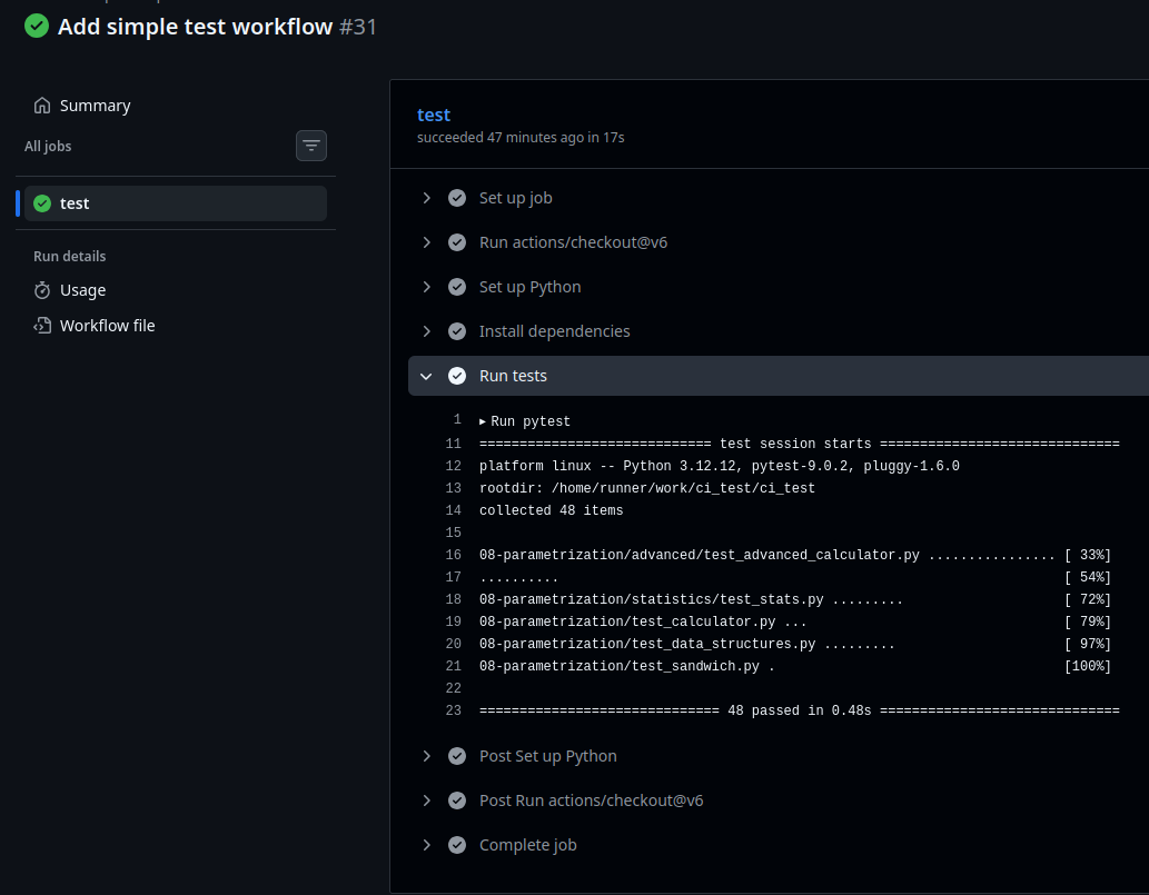 Detailed view of a GitHub workflow run