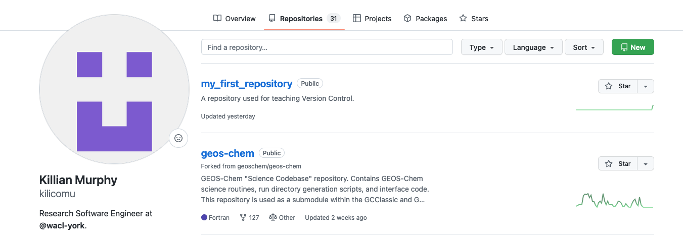 GitHub screenshot showing list of repositories and new repo button