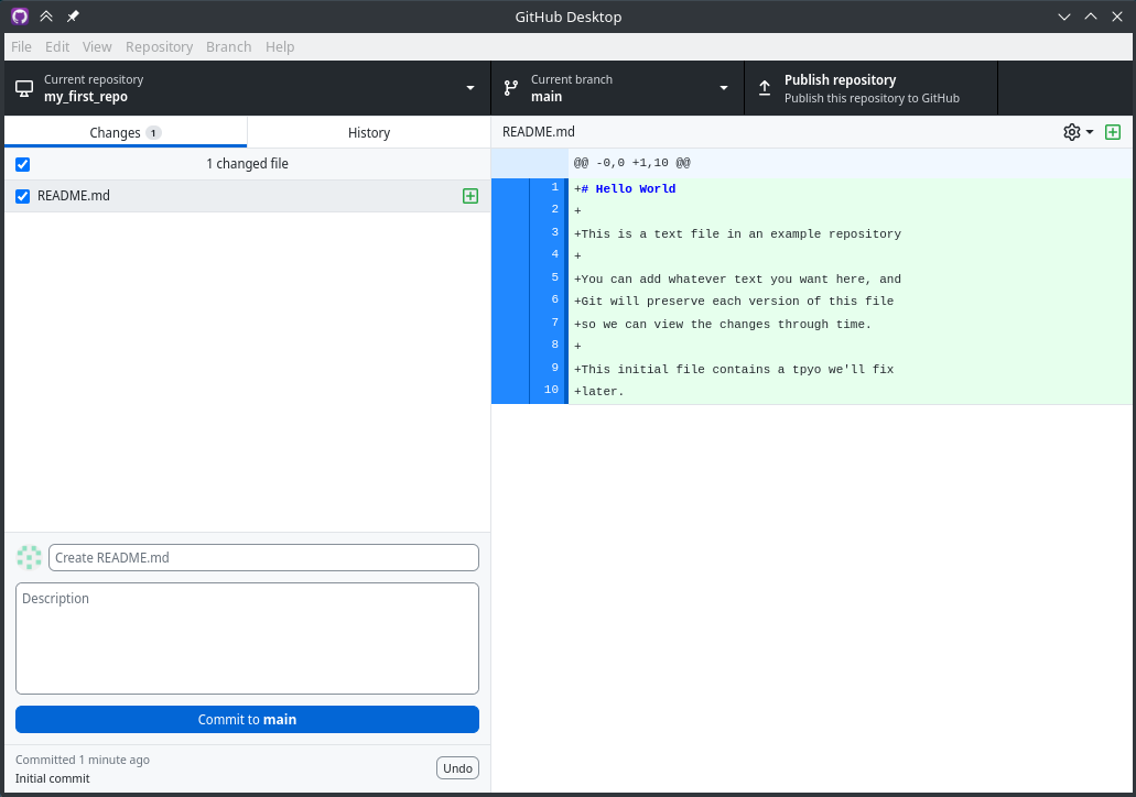 GitHub Desktop diff view. In the left hand panel, there's 1 changed file with our arrow pointing to it. In the right hand panel, there's a diff showing the new file