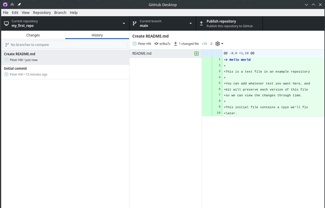 GitHub Desktop diff view with two commits