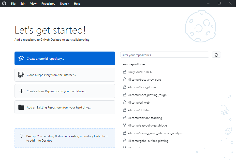 Starting page of GitHub Desktop. There's an arrow pointing to 'Create a New Repository on your hard drive'