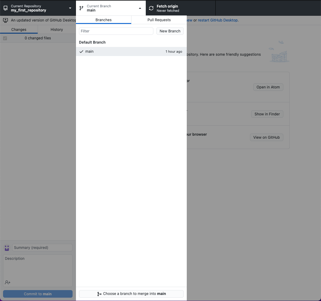 GitHub Desktop showing 'New Branch' button