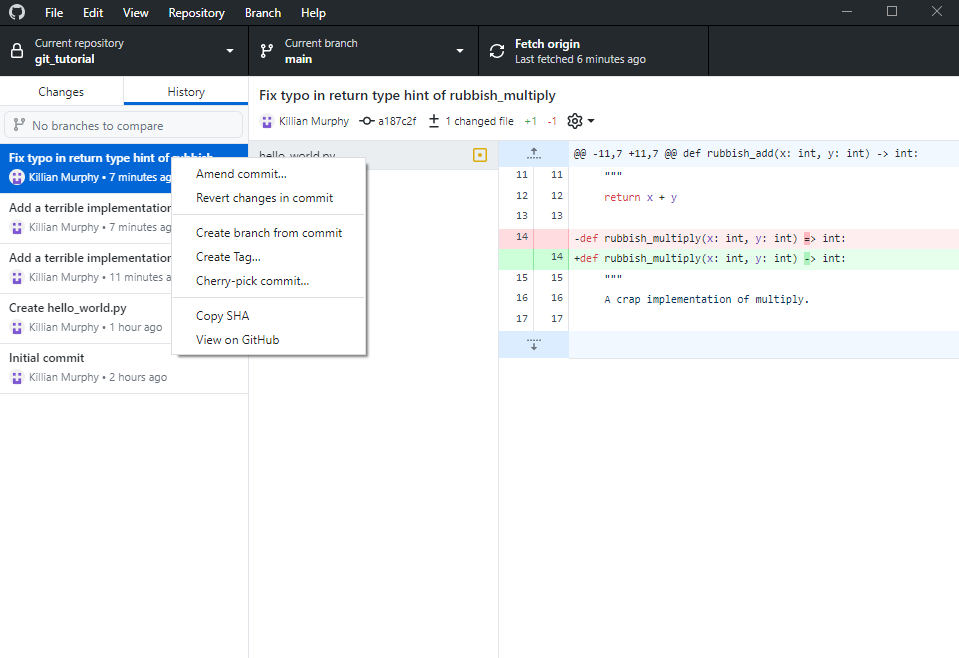 GitHub Desktop showing right-click menu on commit