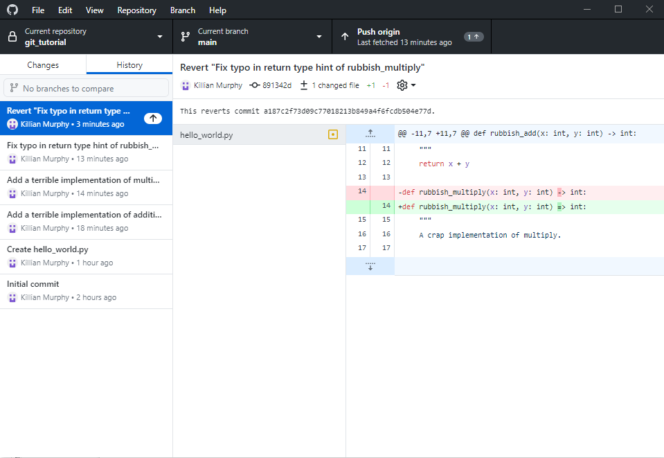 GitHub Desktop showing reverted commit